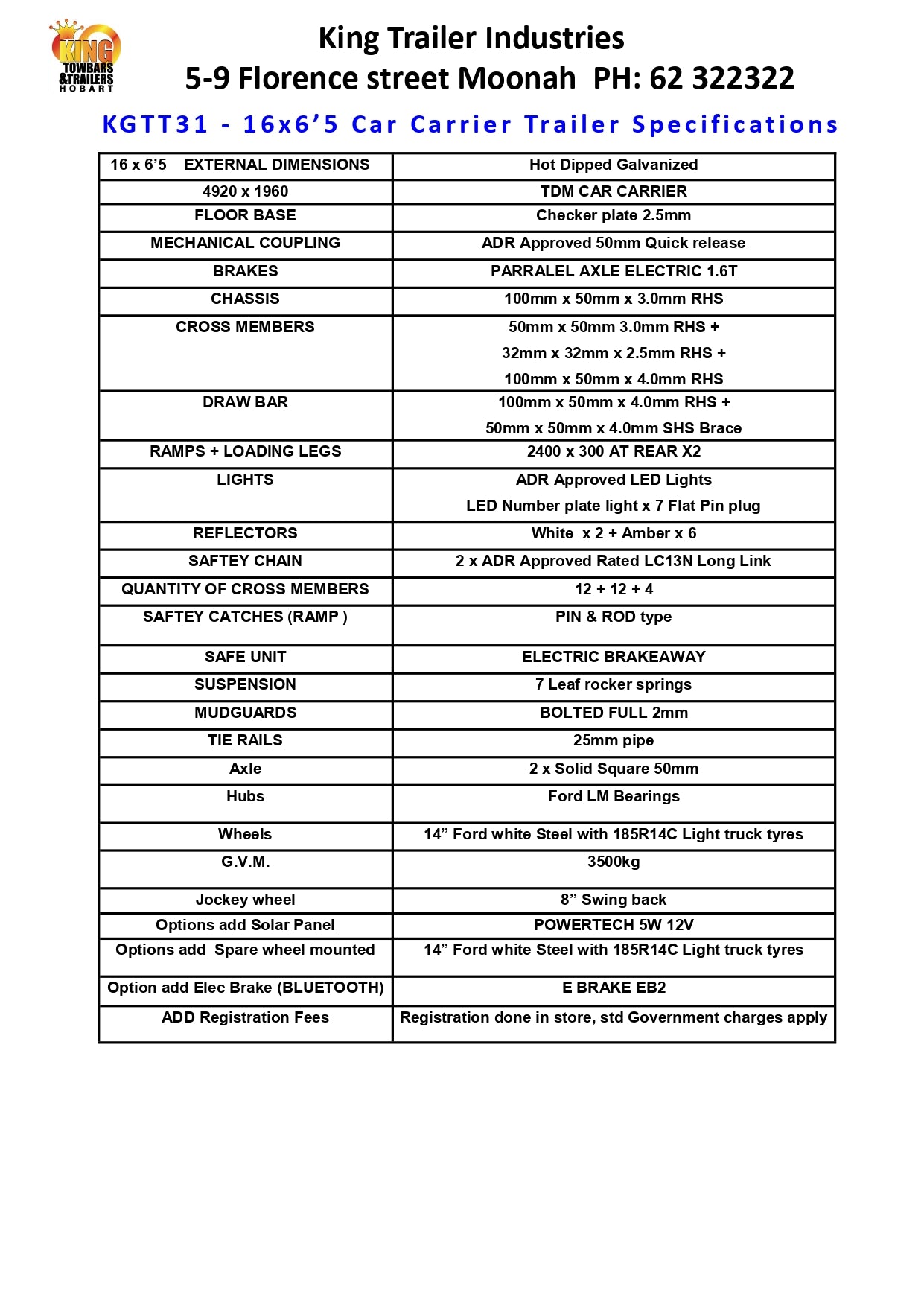 16' x 6'5' Car Trailer ATM 3500KG