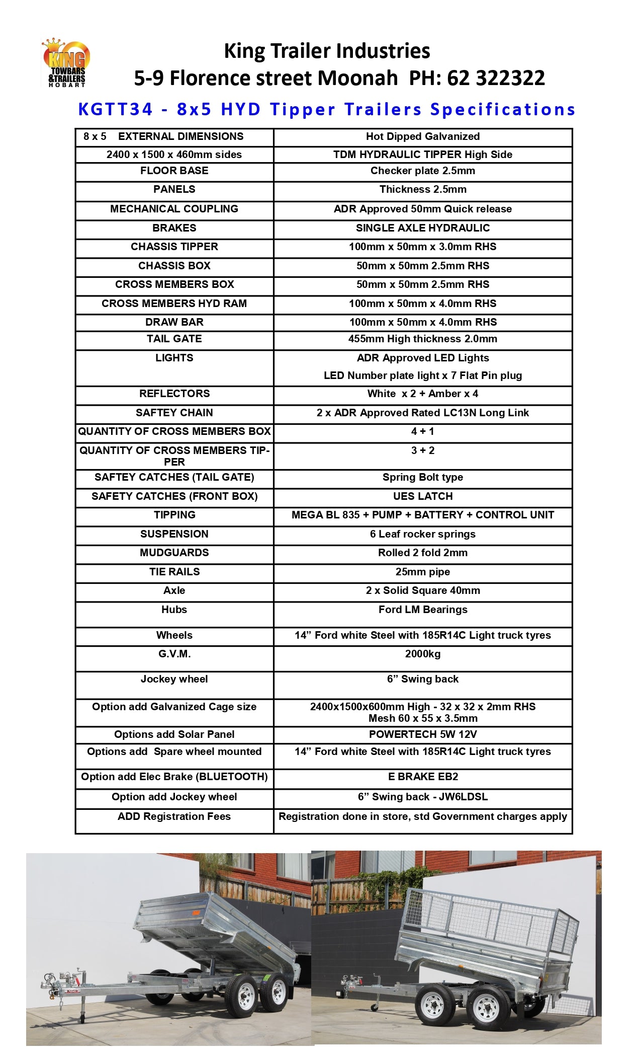 8 ' x 5' x 1'6" Sides Hydraulic Tipper ATM 2000KG