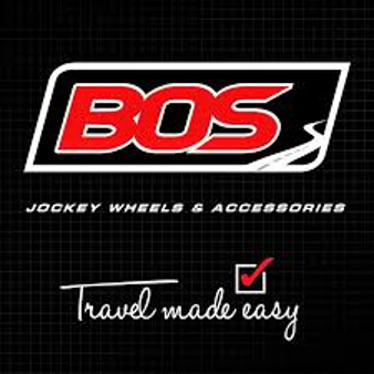 BOS logo with red letters on a black grid background and text “Travel made easy” and “Jockey Wheels & Accessories”